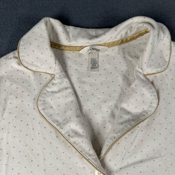 Soma Medium Ivory Gold Pin Dot Button Front Cotton Jersey Pajama Top Shirt - Picture 2 of 7